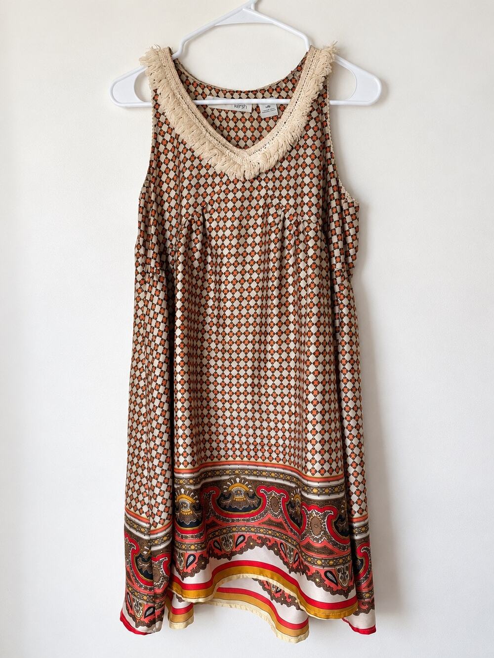 Kersh Boho Babydoll Mini Dress Fringe Paisley Print – Size S/P